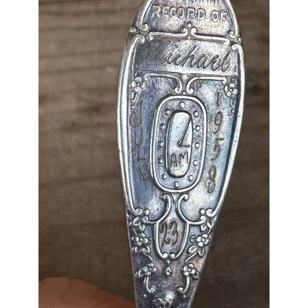 Vtg Silver-Plate WM Rogers‎ Birth Record Baby Spoon Stork Engraved Michael 1958